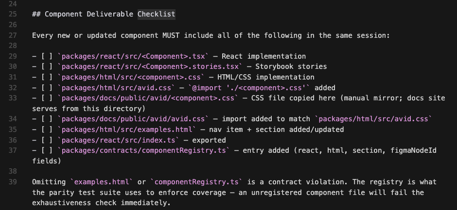 AGENTS.md component deliverable checklist requiring React, Storybook, HTML, docs, examples, exports, and registry updates