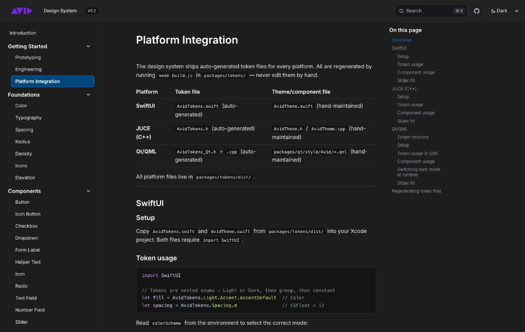 Platform integration documentation showing generated token files and hand-maintained theme layers for SwiftUI, JUCE, and Qt/QML