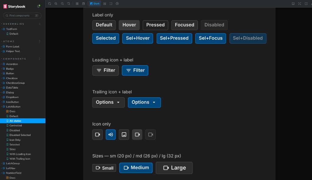 Storybook view of a Button component state matrix showing default, hover, pressed, focused, disabled, selected, icon, and size variants