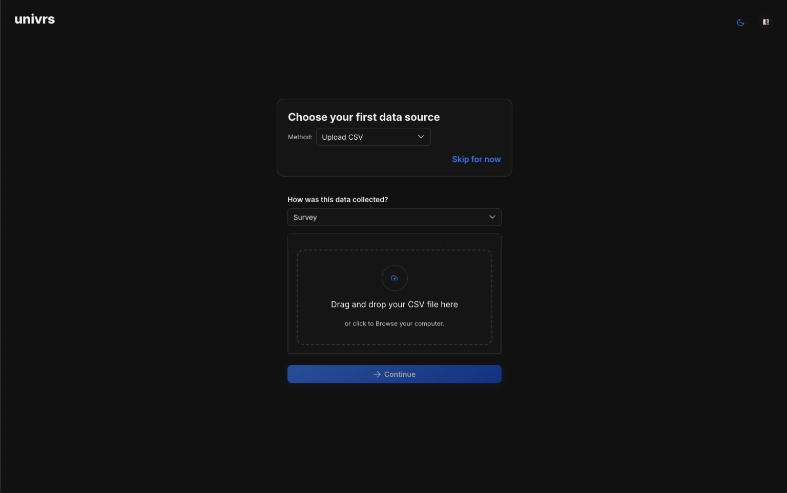 Upload step empty state with clear prompts to add qualitative data