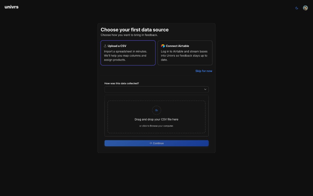 Univrs data ingestion empty state: choose first data source (upload CSV or connect Airtable) with drag-and-drop upload zone