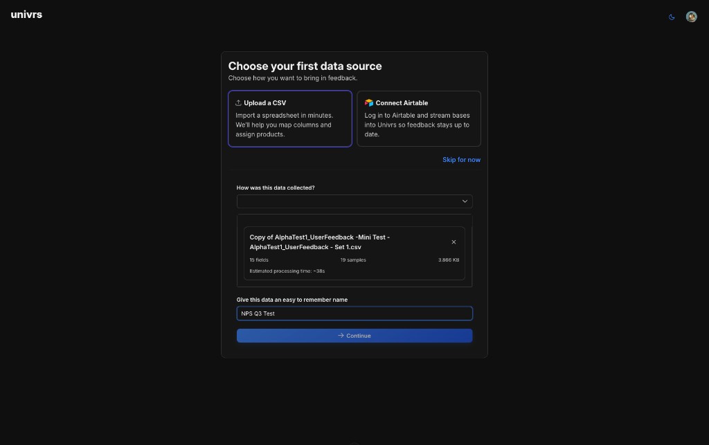 Univrs ingestion after upload: CSV staged with field and sample counts, estimated processing time, and name field before Continue