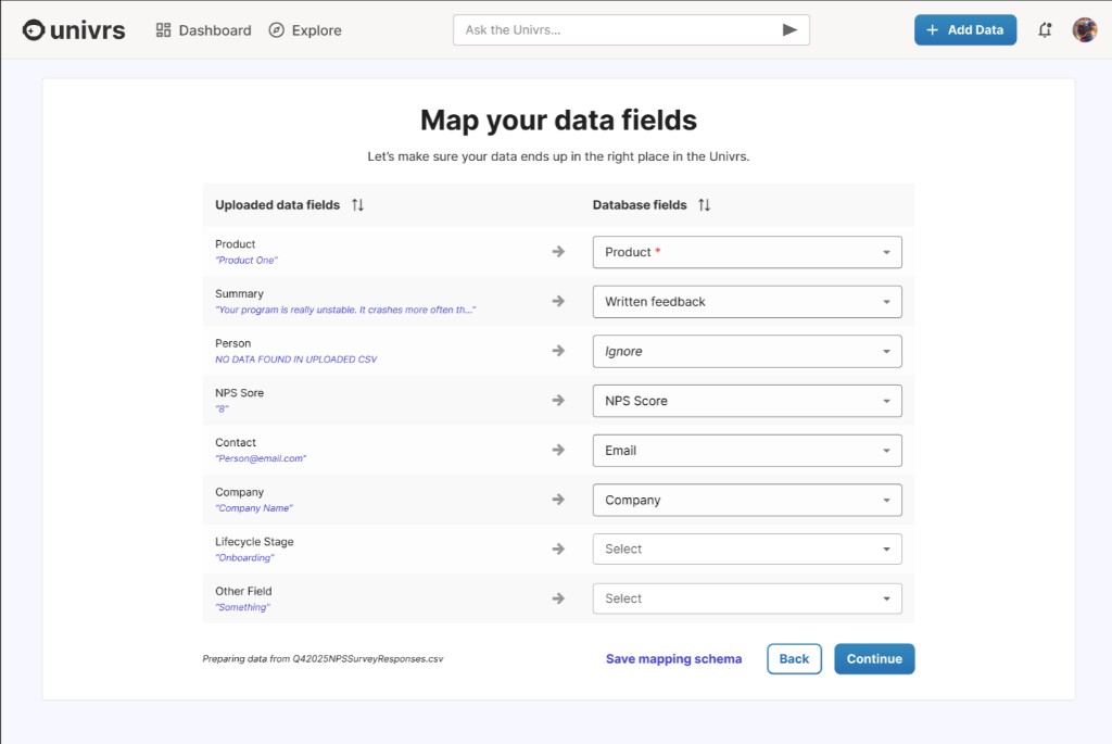 Early Univrs data mapping screen titled Map your data fields: two columns show uploaded field names with sample values and arrow to database field dropdowns