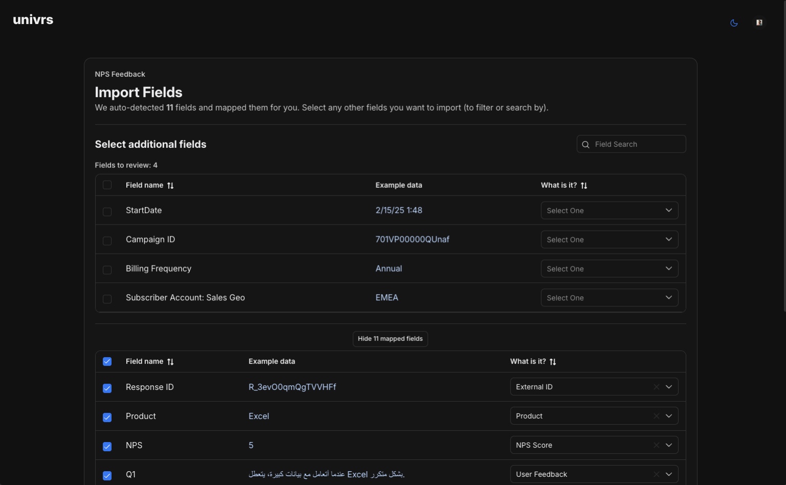 Expanded mapping row showing inline classification options