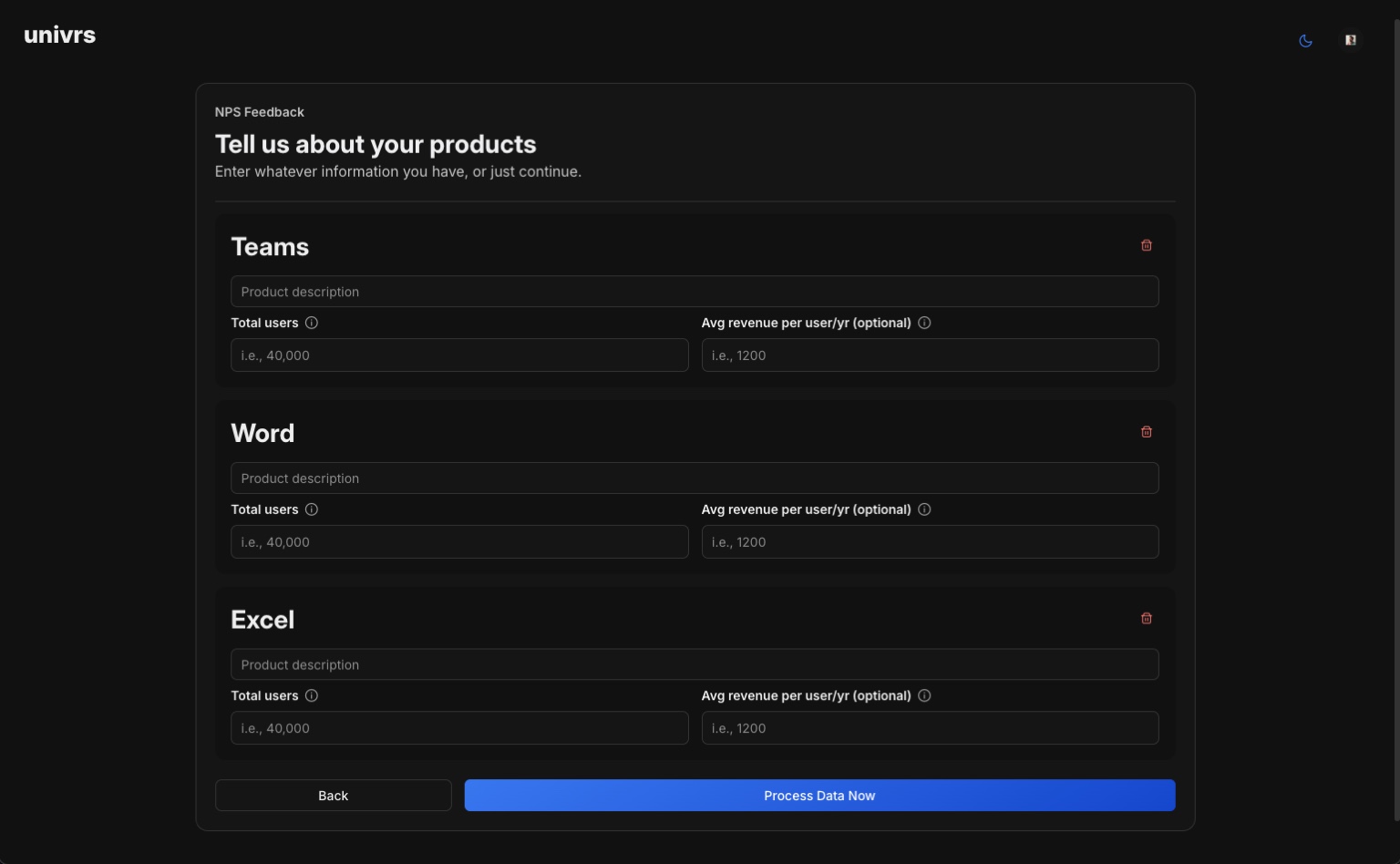 Product hierarchy or catalog UI linking qualitative insights to products and teams